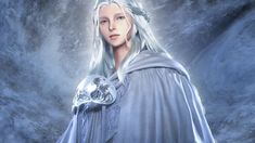 a woman with long white hair wearing a blue cloak and holding a silver ball in her hand