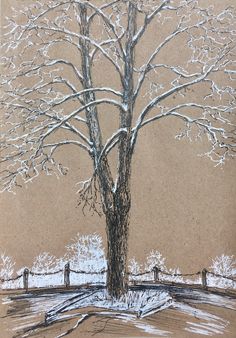 a drawing of a tree in winter with snow on the ground and fence around it