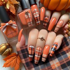 FLANNEL Set| Orange Plaid Nails| Fall nails| Classy nails Luxury Press On Nails|Fake Nails| Custom G Plaid Thanksgiving Nails, Christmas Plaid Nails Design, Winter Plaid Nails, Red Plaid Nails, Plaid Fall Nails