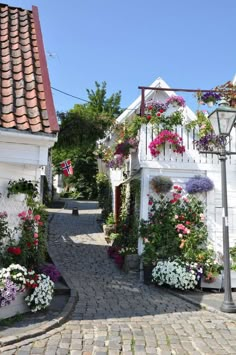 a cobblestone street with flowers growing on the buildings and lampposts in front