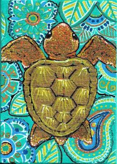 a painting of a turtle on a blue and green background