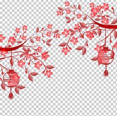 two red lanterns hanging from branches with flowers on them