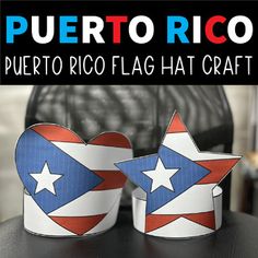 two paper cups with the colors of puerto flag and stars on them sitting on a table