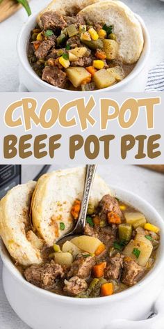 two bowls of crock pot beef and potato soup with pita bread on the side