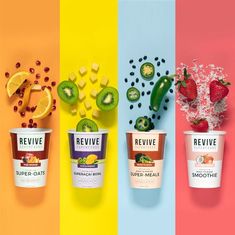 three cups of ice cream with fruit and vegetables in them on different colored background, one is for revive