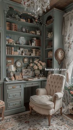 an old fashioned chair sits in front of a desk