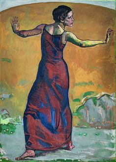 a painting of a woman in a red dress holding her arms out to the side