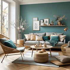 a living room with teal walls and wicker furniture