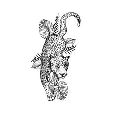 a black and white drawing of a leopard with leaves on it's back legs