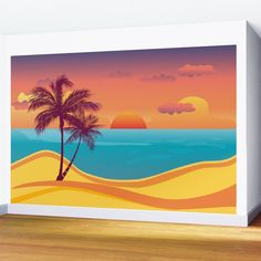 a painting of a palm tree on the beach with sunset in the backgroud