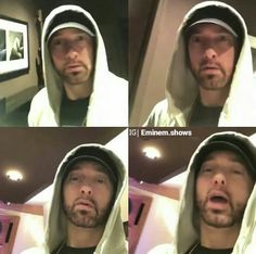 four different pictures of a man wearing a hoodie and looking surprised at the camera