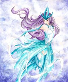 a drawing of a woman with purple hair and blue eyes, wearing a white dress