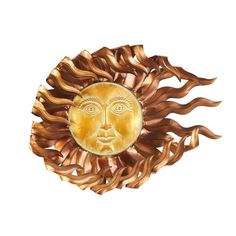 a golden sun face with wavy hair on it