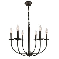 a black chandelier with five lights hanging from the bottom and one light on top