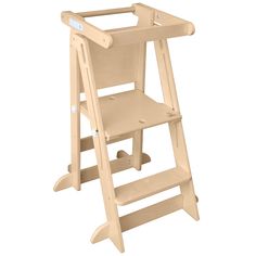 a wooden baby's high chair with wheels on the bottom, and seat up