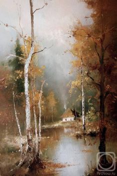 an oil painting of trees and water in the woods