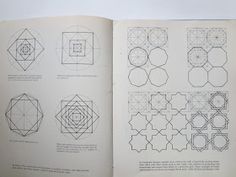 an open book with various geometric designs on the page and in it's center