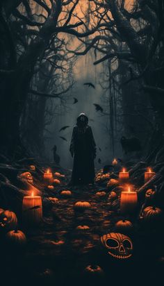 a man standing in the middle of a forest filled with pumpkins