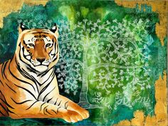 a painting of a tiger laying down in front of a green and yellow wallpaper