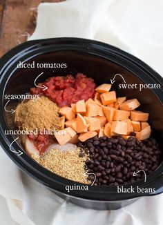 the ingredients for slow cooker sweet potato soup in a crock pot