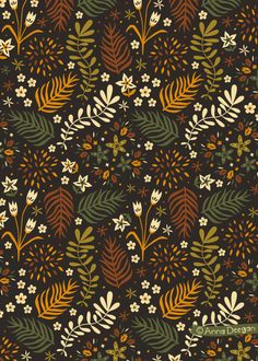 an abstract floral pattern with orange, green and white flowers on a dark brown background