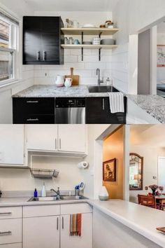 four different pictures of the same kitchen and dining room in one photo, each with white cabinets