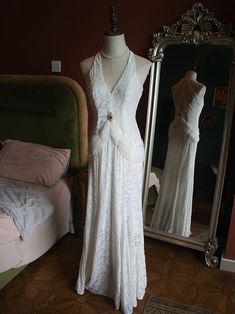 [$114.00]Vintage Rhinestones White Cutout Back V-neck Velvet Gown Evening Dress Embellished Lace V-neck Gown, Embellished Lace Gown With V-neck, Gatsby Style Fitted Wedding Evening Dress, Fitted Gatsby Style Wedding Evening Dress, Fitted V-neck Evening Wedding Dress, White Gatsby Style Wedding Dress, Fitted V-neck Wedding Gown, White Gatsby Wedding Dress, Elegant Lace V-neck Wedding Dress