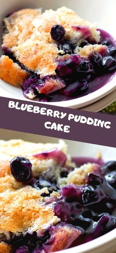 blueberry pudding cake in a white bowl