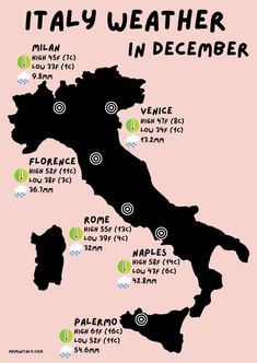 a map showing the locations of italy and its major cities in black on a pink background