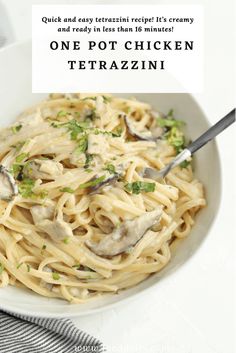 one pot chicken tetrazzini recipe in a white bowl with text overlay