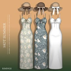 three dresses are shown with hats on them