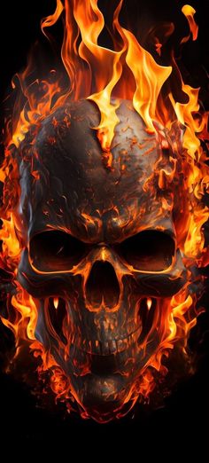 a skull with flames in the background