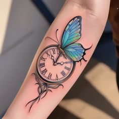 a tattoo with a clock and butterfly on it