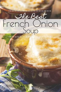 the best french onion soup in a brown bowl on a blue and white checkered cloth