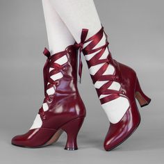 Tango Edwardian Boots are just as seductive as the Tango dance craze that swept the world in the 1910s. Designed to show off the legs, these gorgeous lace-up boots are based on several antique examples from 1900 through 1920. Tango features a deliciously curved shaft and scalloped tabs, which are laced with double-faced satin ribbon laces. Tango comes with two sets of ribbon laces, for adjustable sizing. Smooth leather uppers are stunning in a variety of beautiful colors. Tango sports a brand-ne Cottage Core Dark Academia, Cottage Core Dark, American Duchess, Glamour Vintage, Vedic Astrology, Black Cherry, Fantasy Clothing, Pretty Shoes, Character Outfits