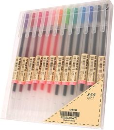 six different colored markers in a clear case