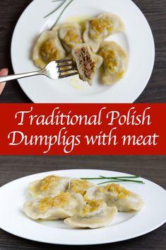 traditional polish dumplings with meat on a white plate and red text overlay reads traditional polish dumplings with meat