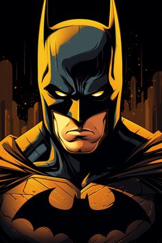 the batman character is in front of a cityscape with yellow and black colors