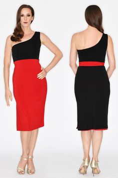 Tango dress Canaro features a sheath shape with a side slit, a double layer fabric and a contrastive red belt for a reversible look. Asymmetric neckline adds elegance to this gown and will make you tango forever #tangodress #tangodresses #tangomode #tangofashion #asymmetricneckline Reversible Dress, Asymmetric Neckline, Red Belt, Asymmetrical Neckline