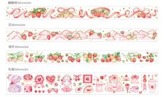 three different designs of strawberrys and hearts on white paper, each with the same design