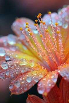 the inside of a flower with water droplets on it's petals and stamens