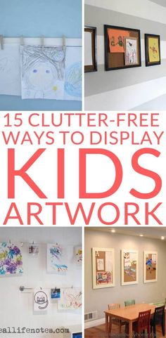 there are pictures of children's artwork on the wall and below them is an article about how to display kids art