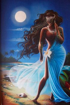 a woman in a blue dress with her hair blowing in the wind and an ocean background