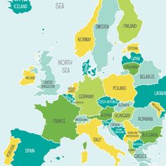 a map of europe with all the countries in green and blue, as well as words on