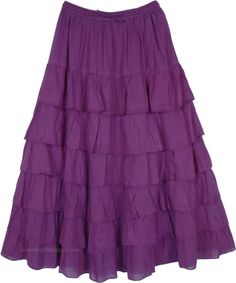 A very chic summer ruffle skirt that would make you feel like walking on the streets of Paris, this stunning cotton maxi skirt is a beautiful addition to any wardrobe.  The Eggplant colored skirt has multi-tiered ruffles which add volume to this beautiful cotton skirt. #tlb #TieredSkirt #MaxiSkirt #Fall #FairycoreSkirt Solid Bohemian Ruffled Skirt, Bohemian Tiered Ruffled Maxi Skirt, Spring Tiered Ruffle Maxi Skirt, Spring Tiered Maxi Skirt With Ruffles, Tiered Cotton Maxi Skirt With Ruffles, Cotton Tiered Ruffle Maxi Skirt, Cotton Ruffled Tiered Skirt, Cotton Tiered Maxi Skirt, Cotton Flowy Skirt With Layered Hem