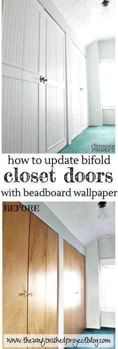 the inside of a bedroom with white walls and wooden closets, and text overlay that reads how to update bifold closet doors with bead board wallpaper