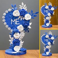 the blue and white paper flowers are on display