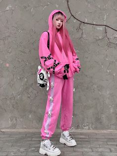 Baggy Pink Outfit, Hot Pink Hoodie Outfit, Pink Grunge Outfits, Hoodie Outfit Korean, Pink Techwear, Pink Y2k Hoodie, Pink Sweatpants Outfit, Y2k Pink Hoodie For Streetwear, Pink Hoodie Outfit