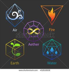 four different types of symbols in the form of an earth, fire, water and air