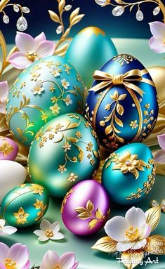 an image of colorful easter eggs with flowers on the side and gold trimmings